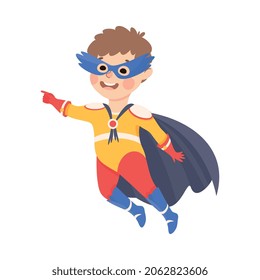 Little Boy Wearing Costume of Superhero Pretending Having Power for Fighting Crime Vector Illustration