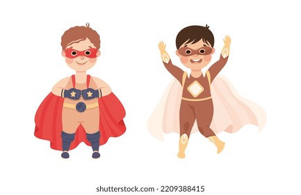 Little Boy Wearing Costume of Superhero Pretending Having Power for Fighting Crime Vector Set