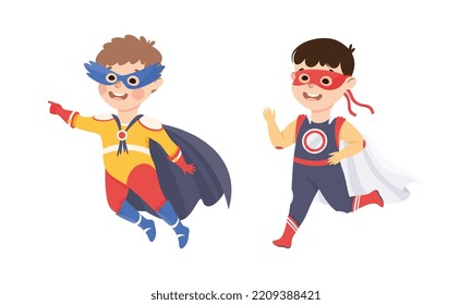 Little Boy Wearing Costume of Superhero Pretending Having Power for Fighting Crime Vector Set