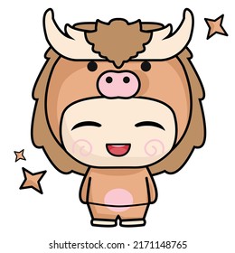 little boy wearing a cute bison costume and he is very happy