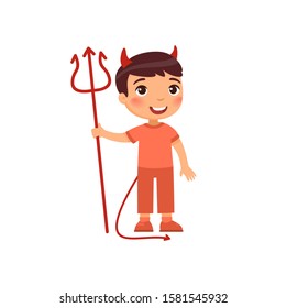 Little boy wearing devil costume flat vector illustration. Child dressed like red demon cartoon character. Kid clothed as spooky monster. Halloween costume party, trick or treat design element