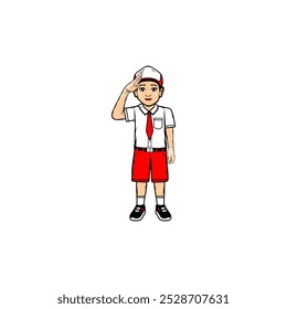 little boy wearing elementary school uniform poses respectfully cartoon vector illustration