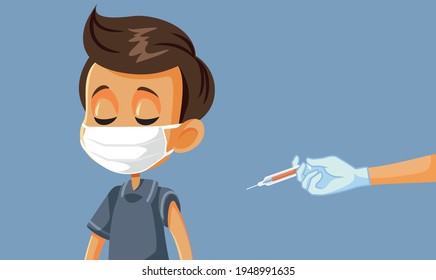 Little Boy Wearing Face Mask Getting Vaccinated. Coronavirus vaccine for children approval after testing concept illustration. Young population receiving immunization
