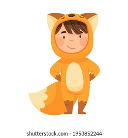 Little Boy Wearing Fox Costume Having Fun Vector Illustration