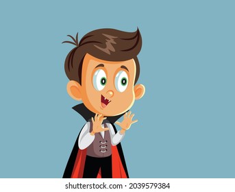 Little Boy Wearing A Halloween Vampire Costume Vector Cartoon. Funny Child Dressed For Carnival Trying To Be Scary And Make A Prank
