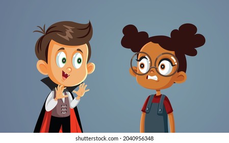 Little Boy Wearing a Halloween Vampire Costume Vector Cartoon. Child playing and pranking his friend with scary noise and costume
