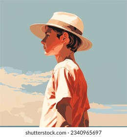 little boy wearing hat and beach style minimalist flat color