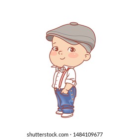 Little boy wearing jeans and hat. Denim clothes for children. Preschool and school fashion. outfit Smiling young boy standing. Color vector illustration.