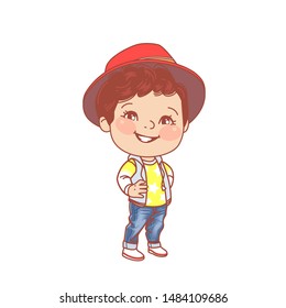 Little boy wearing jeans and hat. Denim clothes for children. Preschool and school fashion. outfit Smiling young boy standing. Color vector illustration.