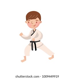 Little boy wearing kimono karate training, kids physical activity cartoon vector Illustration