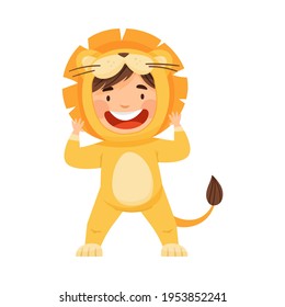 Little Boy Wearing Lion Costume Laughing and Having Fun Vector Illustration