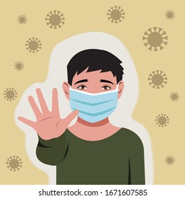 Little boy wearing mask and showing his clean hand as sign to stop corona virus. Flat style vector minimalist design