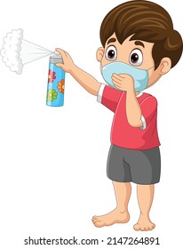 Little boy wearing mask and spray insect repellent