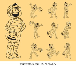 Little boy wearing mummy costume cartoon outline