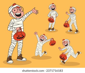 Little boy wearing mummy costume for halloween cartoon character