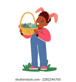 Little Boy Wearing Rabbit Ears Holding Basket Full Of Colorful Easter Eggs. Joy And Innocence Of Childhood Concept for For Easter Promotions, Family-related Content. Cartoon People Vector Illustration