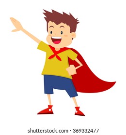 Little boy wearing red cape pretending to be a super hero, vector illustration