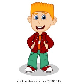 Little boy wearing a red jacket and green trousers style cartoon vector illustration