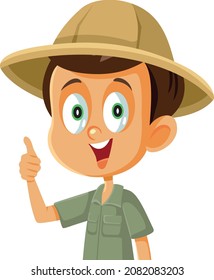 
Little Boy Wearing Safari Costume Holding Thumbs Up Vector Cartoon. Cute young explorer having a positive attitude willing to learn and discover

