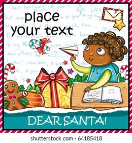 Little boy, wearing Santa hat, writing a letter to Santa Claus . Lots of Christmas ornaments and decorations