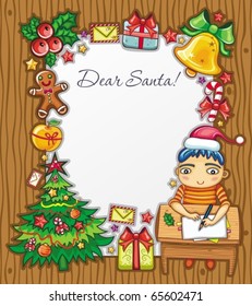 Little boy, wearing Santa hat, writing a letter to Santa . Lots of Christmas ornaments and decorations. Christmas kids series 4