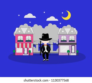 Little boy wearing suit and black top hat on against the background of the city.Young gentleman dressed up in classic retro style vector Illustration. With red bow tie.