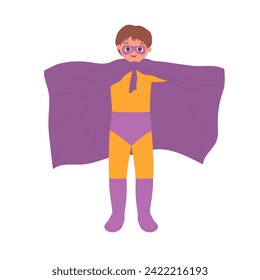 Little boy wearing superhero costume. Kids carnival clothes with cape and mask cartoon vector illustration