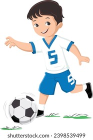 Little boy wearing t-shirt and shorts playing football vector illustration