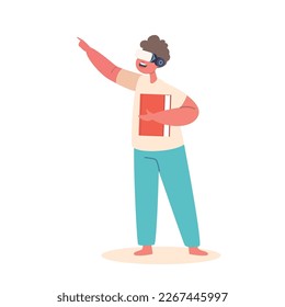 Little Boy Wearing Vr Glasses Holding Book and Pointing with Finger on Artificial Reality Hologram in Cyberspace. Alternate Universe, Digital Environment Technology. Cartoon People Vector Illustration