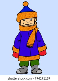 Little Boy wearing Winter Clothes. Vector illustration.