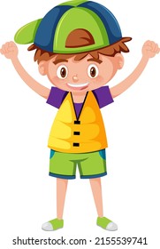 Little Boy Wearing Yellow Life Jacket In Cartoon Style Illustration