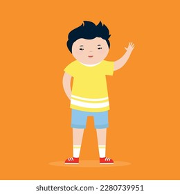 Little boy wearing yellow t-shirt and blue shorts. Vector illustration.