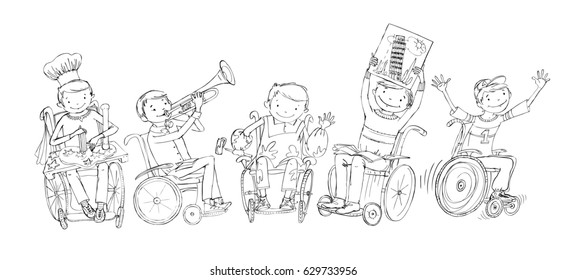 Little boy in the wheelchair doodle, boy paying musical instrument, drawing, running, reading. School activities, educational concept