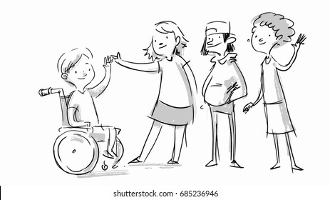Little boy in wheelchair  Kid and disabilities greeting people  Social message  Vector sketches