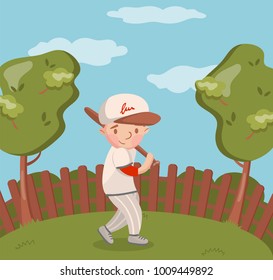Little boy in white uniform playing baseball on summer landscape background vector Illustration