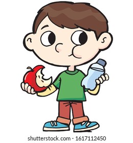 little boy who is healthy eating an apple and hydrating himself with water