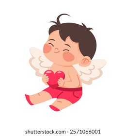 Little boy with wings holds heart in hands. Little boy Cupid on white background. Vector illustration for Valentines Day or baby shower