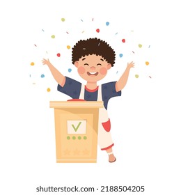 Little Boy Winning Quiz Game or Mind Sport Standing at Press Button and Cheering Vector Illustration