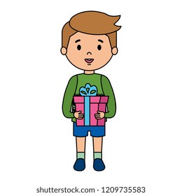 little boy with winter clothes and gift