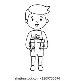 little boy with winter clothes and gift