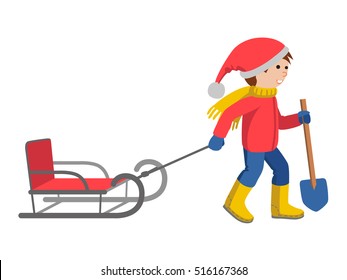 Little boy in winter clothes pulling a sled, cartoon style vector illustration isolated on white background.