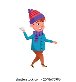 Little Boy In Winter Clothing Throwing Snow Ball Cartoon Vector. Little Boy In Winter Clothing Throwing Snow Ball Character. Isolated Flat Cartoon Illustration