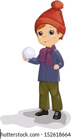 Little boy in a winter jacket and hat and a red scarf with a snowball in his hand vector illustration. In cartoon style. Clipart Isolated on white background