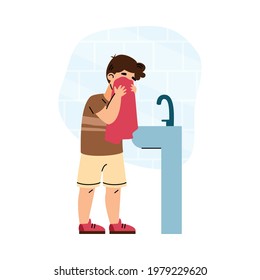 Little boy wipes his face with towel after washing, cartoon vector illustration isolated on white background. Hygiene daily procedures for children and time schedule.