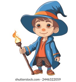 Little boy wizard in a blue cloak, hat and with a burning staff, isolated on a white background.