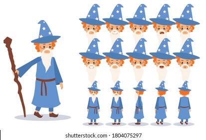 Little Boy in wizard costume for Halloween festival.trick or treat. Front, side, back view animated character.Vector Cartoon style, flat vector illustration.