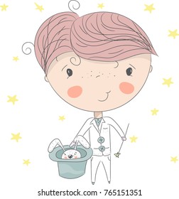 the little boy wizard.  Graphics for kid's garment. To use for print design, surface design, fashion children's clothing
