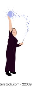 Little boy - wizard with a magic wand works wonders, vector illustration