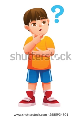 Little boy wondering, stands looking up in thought, touching his chin with a big question mark nearby. Vector cartoon illustration