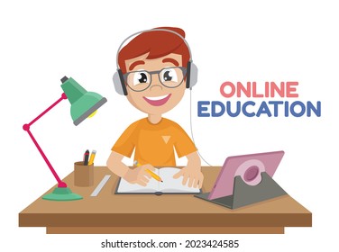 Little boy working at laptop online education.,vector eps10